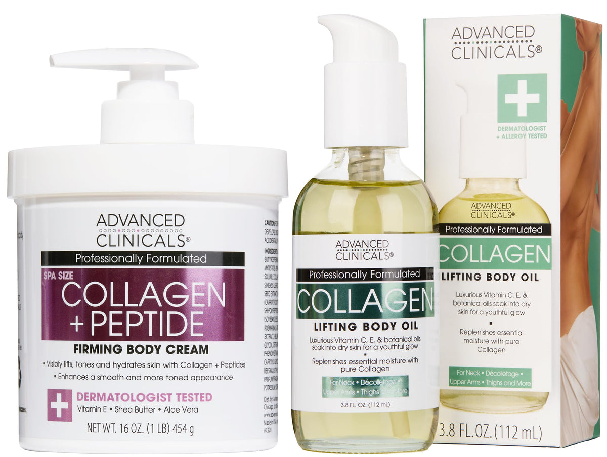 Advanced Clinicals Collagen Peptides Body Lotion + Hyaluronic Acid Moisturizer 2PC Skincare Set For Women & Men | Dry Skin Moisturizing Body Cream Helps Diminish Appearance Of Crepey Skin, 2PC Bundle