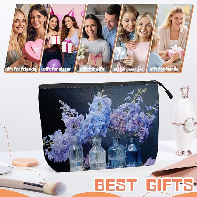 Scribesense Cosmetic Bags Travel Makeup Toilet Case Waterproof Pouch for Women Girls 6.7X9.45inches - Still - Life of Blue - Purple Flowers in Glass Bottles