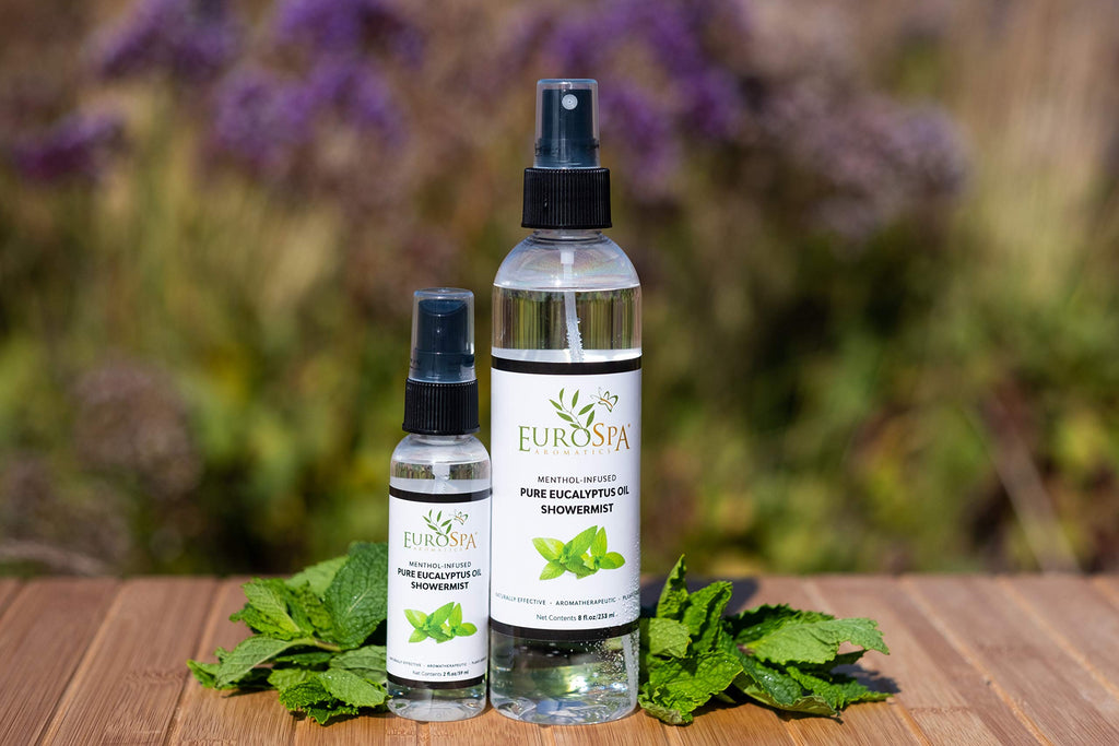 EuroSpa Aromatics Pure Eucalyptus Oil ShowerMist and Steam Room Spray, All-Natural Premium Aromatherapy Essential Oils - Menthol Infused, Duo Pack, 8oz and 2oz