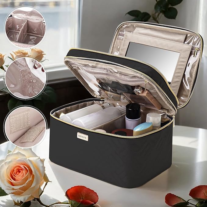 BAFAMYE 8.8L Double Layer Travel Makeup Bag With Mirror For Women, Large Cosmetic Case, Organizer for Travel-Size Accessories Bottles, Brushes,and Skin Care Products, 2.33 GAL, Black