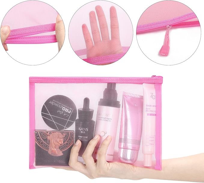 Sinzip 12 Pieces Zipper Nylon Mesh Pouch, Mesh Cosmetic Bags Makeup Bags Pencil Case, Multipurpose Travel Bags for Cosmetic School Office Supplies and Travel Accessories (Pink, A5)