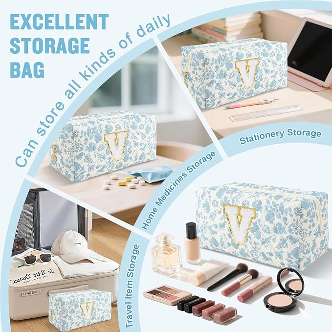 Personalized Quilted Cosmetic Bag, Puffy Monogrammed Christmas Birthday Gifts for Women & Girls, Cute initial Floral Makeup Bag Puffer Coquette Bag, Aesthetic Travel Toiletry Zipper Pouch(Blue,V)