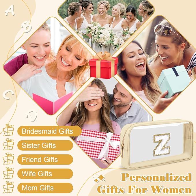Personalized Initial Letter Clear Makeup Bag,Preppy Small Nylon&PVC Cosmetic Zipper Bag with Chenille Letter,Portable Beach Travel Skincare Toiletry Bag,Trendy Monogram Gift for Teen Girls Women,Z