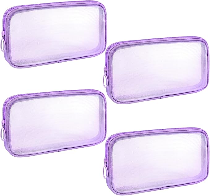 Sinzip 4 Pieces Mini Zipper Nylon Mesh Pouch, Mesh Cosmetic Bags Makeup Bags, Multipurpose Travel Toiletry Bags for Office Supplies and Travel Accessories (Purple, M)