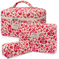 Gosect 3pc Makeup Bag Set, Quilted Makeup Bag Set, Large Floral Cosmetic Bag for Women, Cute Cotton Makeup Bags, Flower Travel Toiletry Organizer Bag (Bright Pink)