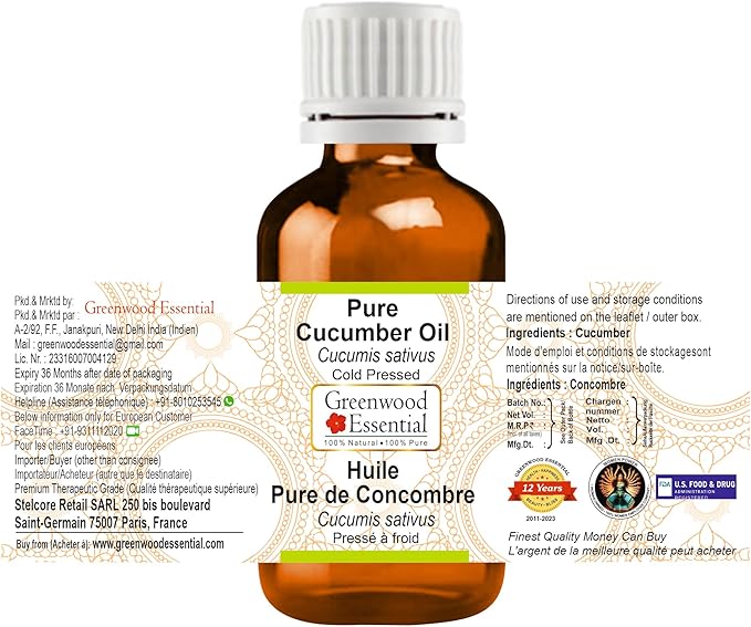 Greenwood Essential Pure Cucumber Oil (Cucumis sativus) Cold Pressed 10ml (0.33 oz)