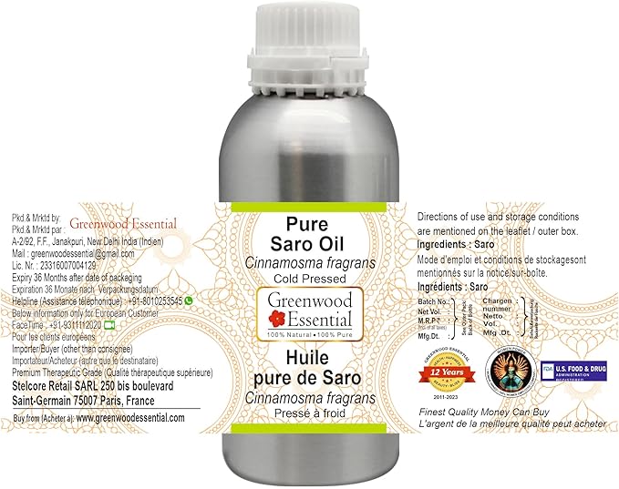 Greenwood Essential Pure Saro Carrier Oil (Cinnamosma fragrans) Steam Distilled 300ml (10 oz)