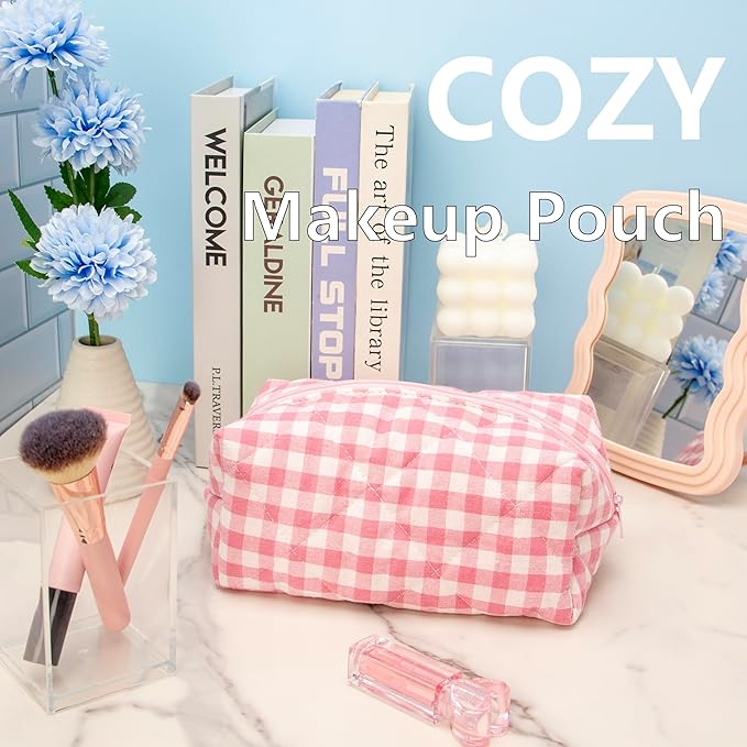 Cozy Makeup Bag for Women,Zipper Cosmetic Pouch,Checkered Pink,2 Pack