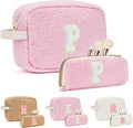 ibeacos 2PCS Makeup Bag with Initials, Valentines Day Gifts for Teen Girls Trendy Stuff, Personalized Cosmetic Travel Bag Pouch for Granddaughter, Cute Plush Make up Bags for Birthday - Pink P