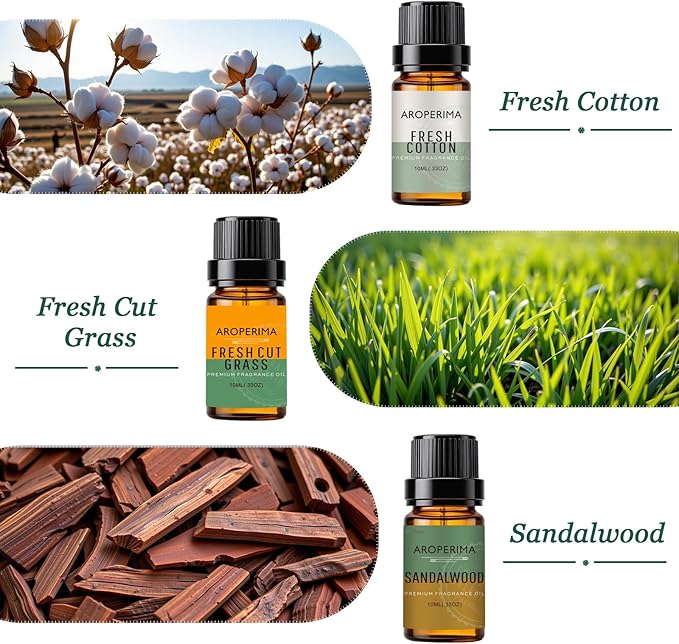 AROPERIMA WOODSHOP Fragrance Essential Oil Set - French Vanilla, Amber, Forest Pine, Fresh Cotton, Fresh Cut Grass, Sandalwood 6x10ML for Diffusers, Massage, Perfume, Soap Making and Candle