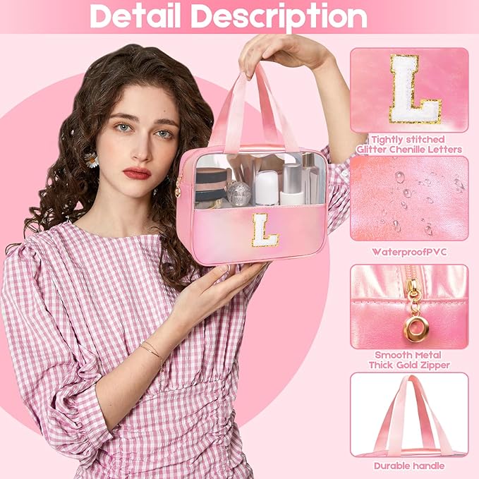 Junesters Initial Clear Makeup Bag Personalized Pink Clear Cosmetic Bag, Cute Large Make Up Bags Organizer Bag, Travel Toiletry Bag for Women Girl Gifts C (Pink)