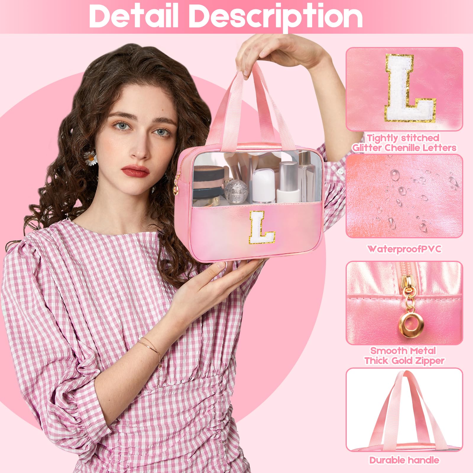 Personalized Initial Clear Makeup Bag Pink Cosmetic Bag Set Large Travel Toiletry Bag, Cute Clear Make Up Bags Organizer Bag for Girlfriend Teacher Gifts Teen Girl Gifts Trendy Stuff R (Pink)
