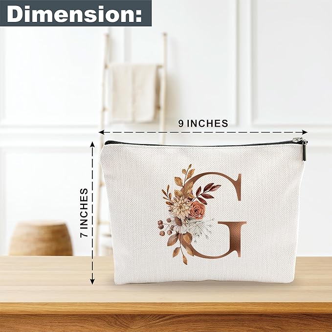YKYENR A-Z Boho Personalized Cosmetic Bag-Floral Cotton Letter Makeup Bag With Zipper-Artistic Cosmetic Bag For Travel-Bride,Birthday Gift For Women Daughter Friends-Women Makeup Organizer-A07