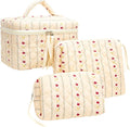 3 Piece Quilted Makeup Bag Set for Women,Cosmetic&Toiletry Bag,Flower Beige