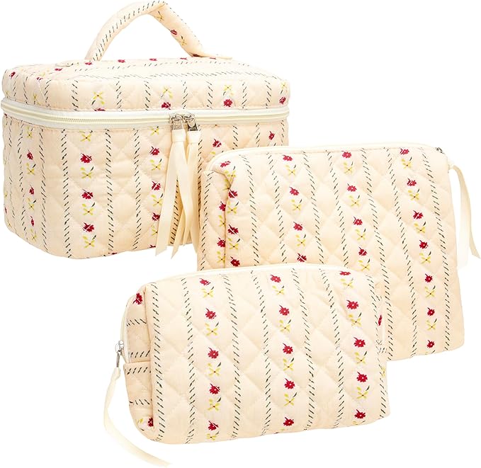 3 Piece Quilted Makeup Bag Set for Women,Cosmetic&Toiletry Bag,Flower Beige