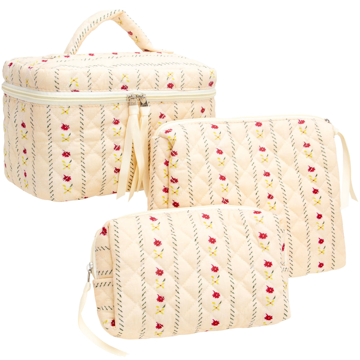 3 Piece Quilted Makeup Bag Set for Women,Cosmetic&Toiletry Bag,Floral Pink
