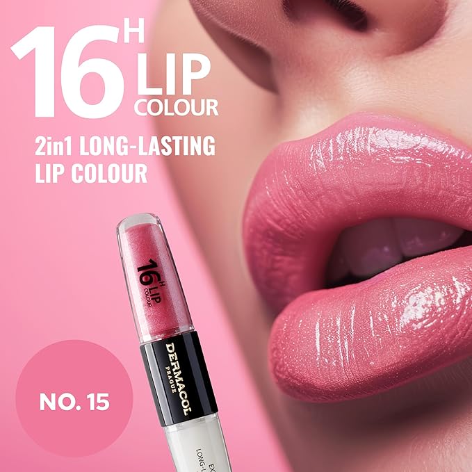 Dermacol 16-Hour Lip Color, Two-Phase Kissproof Lip Stain & Gloss, No.15