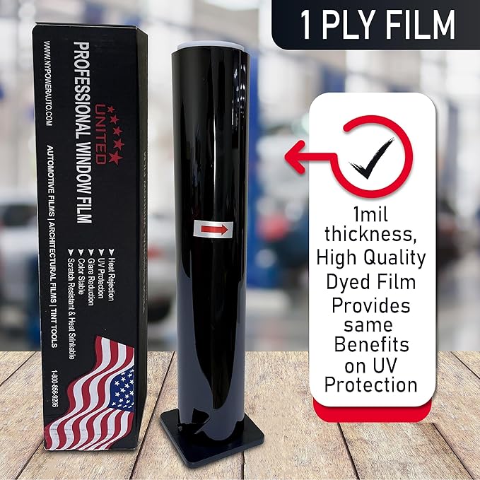 United Window Tint Universal Black 50% VLT 24" in x 100'Ft Standard Dyed 1Ply Film Black Color - Privacy Window Tint for Car, Home, Blocks UV/IR Rays, Reduce Heat & Glare Adhesive Window Film