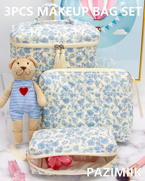 3 Piece Quilted Makeup Bag Set for Women,Cosmetic&Toiletry Bag,Flower Blue