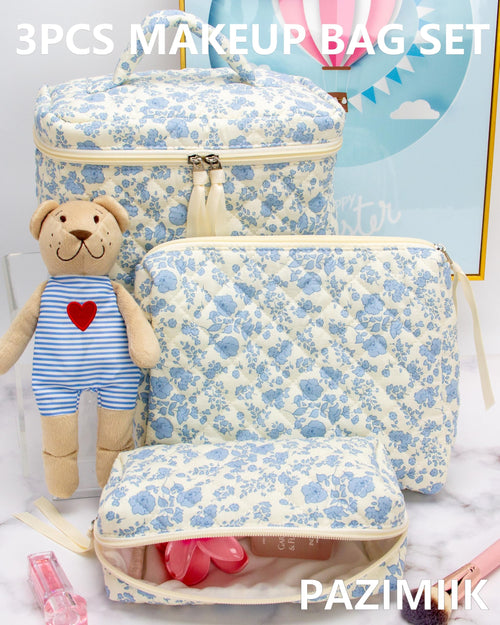 3 Piece Quilted Makeup Bag Set for Women,Cosmetic&Toiletry Bag,Flower Blue