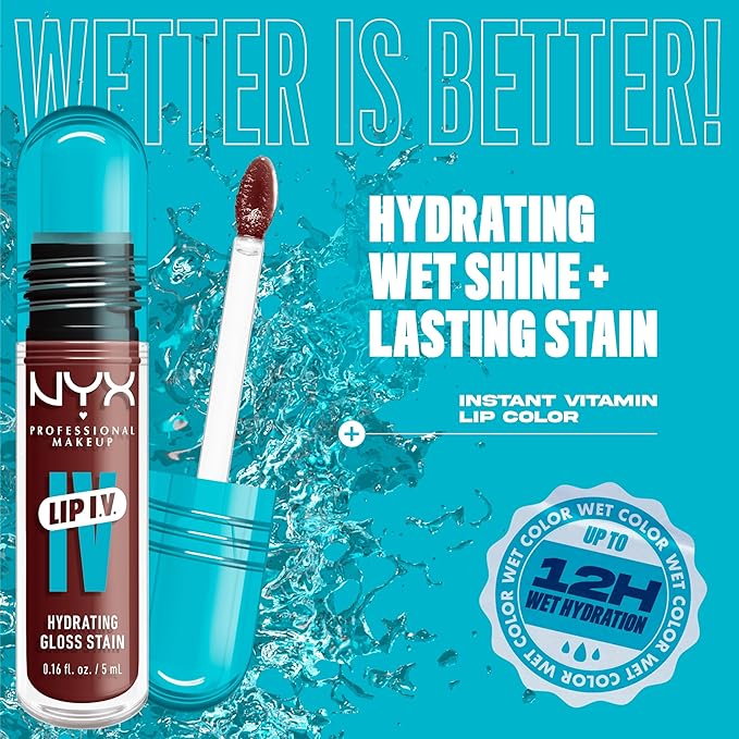 NYX PROFESSIONAL MAKEUP Lip IV Hydrating Glossy Lip Stain, Long-Lasting, Tinted, Vegan Formula with 12 HR Hydration - Mocha Me Wet (Brown)