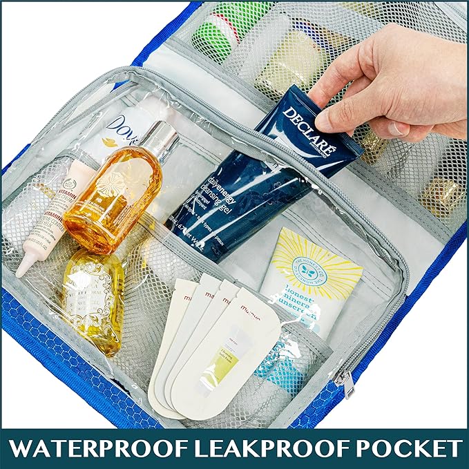 PAVILIA Travel Hanging Toiletry Bag for Women Men, Large Capacity Makeup Bag Kit, Waterproof Cosmetic Storage Organizer Case for Bathroom Shower, Royal Blue