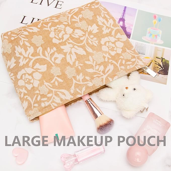 Flat Makeup Bag for Women,Zipper Cosmetic Pouch for Purse,Rose Linen