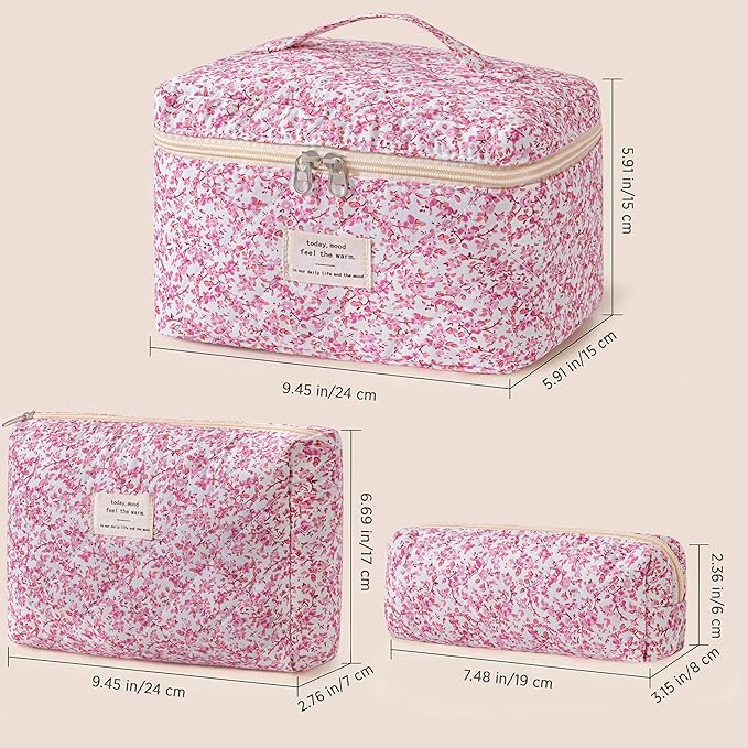 HBselect Quilted Makeup Bag, 3Pcs Cotton Large Travel Makeup Bags Organizer