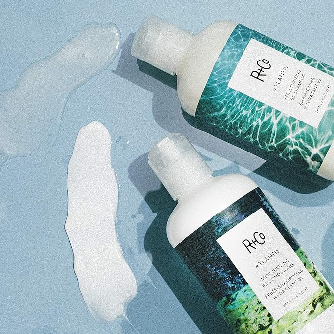 R+Co Atlantis Moisturizing B5 Shampoo & Conditioner Set + Deluxe Sample (0.5oz) | Deep Hydration & Repair for Dry Hair | Vegan + Cruelty-Free | 8.5oz (Pack of 2)