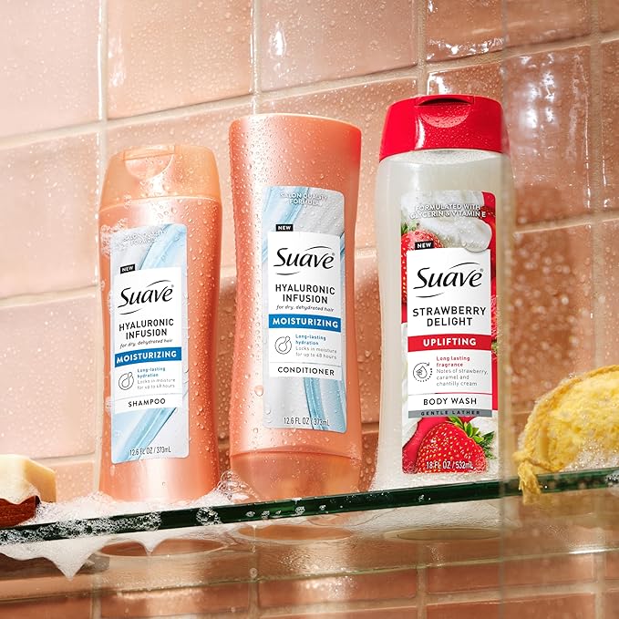 Suave Strawberry Delight Uplifting Body Wash, Formulated with Glycerin and Vitamin E for Hydrating and Gently Cleansing Skin, 18 FL OZ, 6 Pack