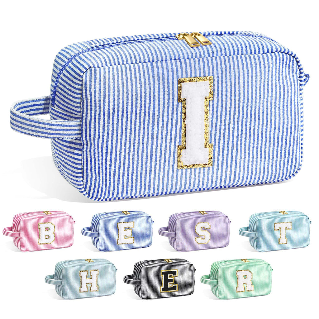 YOOLIFE Initial Cosmetic Bag for Women - Monogram Cute Makeup Bag Cosmetic Case Toiletry Pouch for Women Her Best Friend Sister Teacher, Personalized Birthday Gifts for Women, Blue I