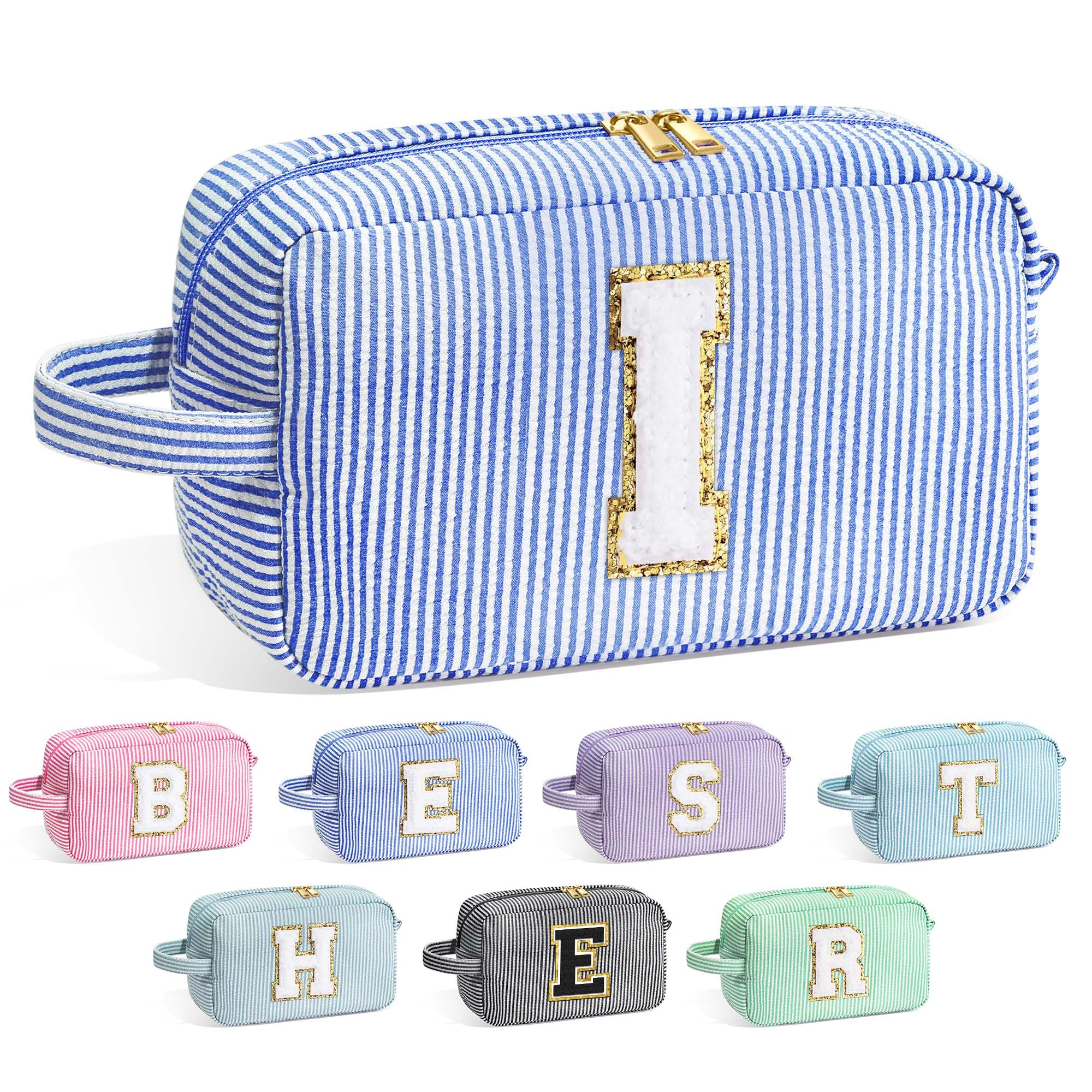 YOOLIFE Initial Cosmetic Bag for Women - Monogram Cute Makeup Bag Cosmetic Case Toiletry Pouch for Women Her Best Friend Sister Teacher, Personalized Birthday Gifts for Women, Blue I