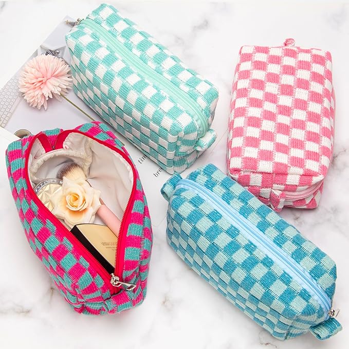 PAZIMIIK Checkered Makeup Bag for Purse Portable Zipper Make Up Pouch Small Cosmetic Case for Travel Accessories (2PCS Lake Blue)
