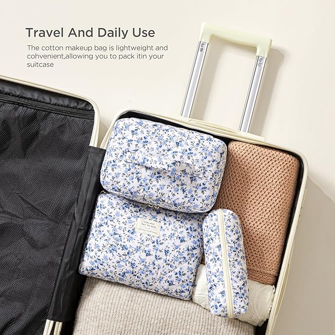 HBselect Quilted Makeup Bag, 3Pcs Cotton Large Travel Makeup Bags Organizer