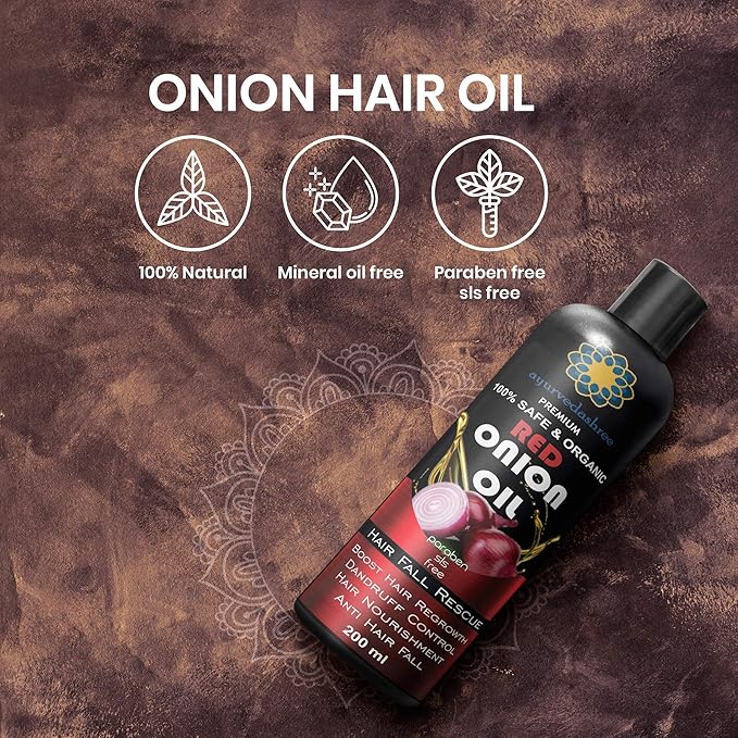 AYURVEDASHREE Hair Treatment Oil with Red Onion, Oil blends of Black Seed, Pure Argan, Sandalwood & Rose - 200 Ml/6.7 fl oz