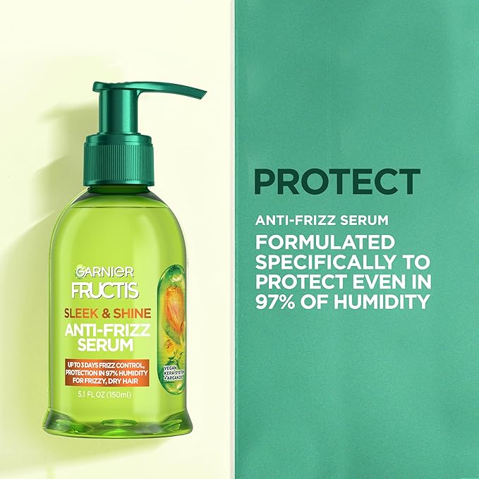 Garnier Fructis Sleek & Shine Anti-Frizz Hair Serum for Frizzy, Dry Hair, Leave-In Argan Oil Infused Formula with Up to 72HRs of Frizz Control, Smooths Flyaways & Boosts Hair Shine, 5.1 Fl Oz