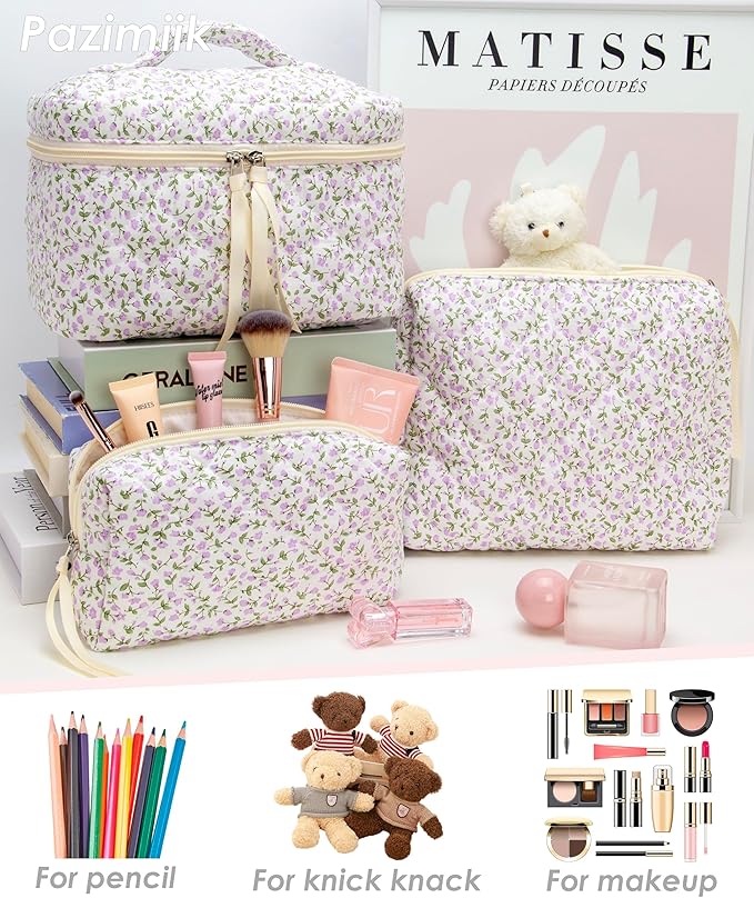 3 Piece Quilted Makeup Bag Set for Women,Cosmetic&Toiletry,Floral Purple
