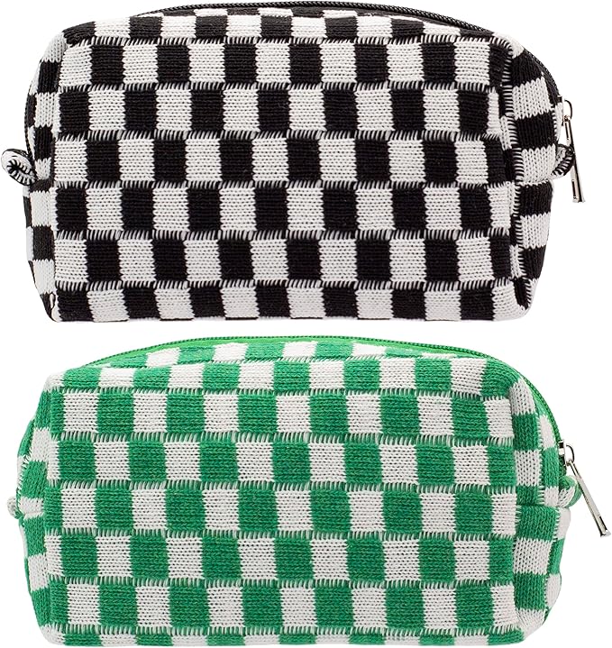Checkered Makeup Bag for Purse, Small Cosmetic Pouch,Black Green,2 Pack