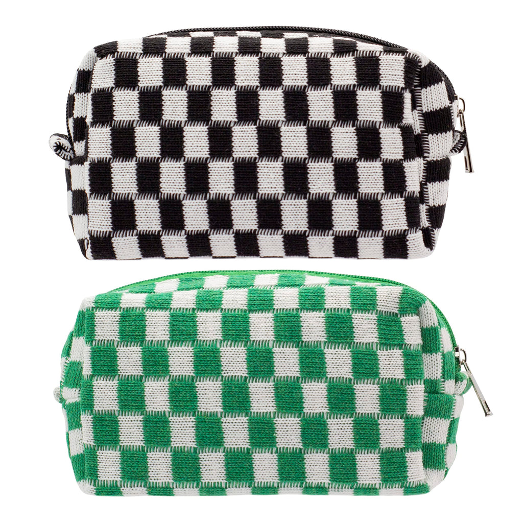 Checkered Makeup Bag for Purse, Small Cosmetic Pouch,Black Green,2 Pack