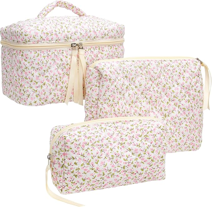 3 Piece Quilted Makeup Bag Set for Women,Cosmetic&Toiletry Bag,Floral Pink