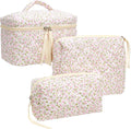 3 Piece Quilted Makeup Bag Set for Women,Cosmetic&Toiletry Bag,Floral Pink
