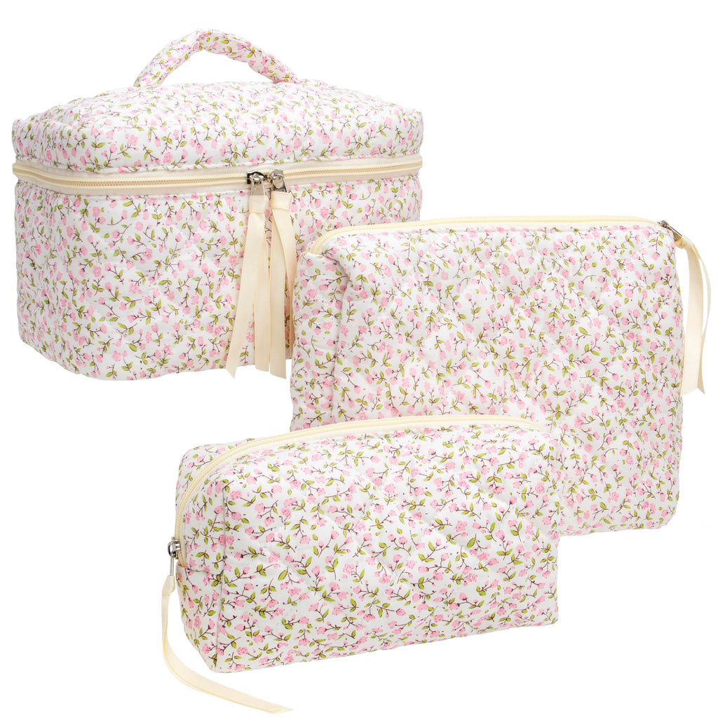3 Piece Quilted Makeup Bag Set for Women,Cosmetic&Toiletry Bag,Floral Pink