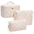 3 Piece Quilted Makeup Bag Set for Women,Cosmetic&Toiletry Bag,Floral Pink