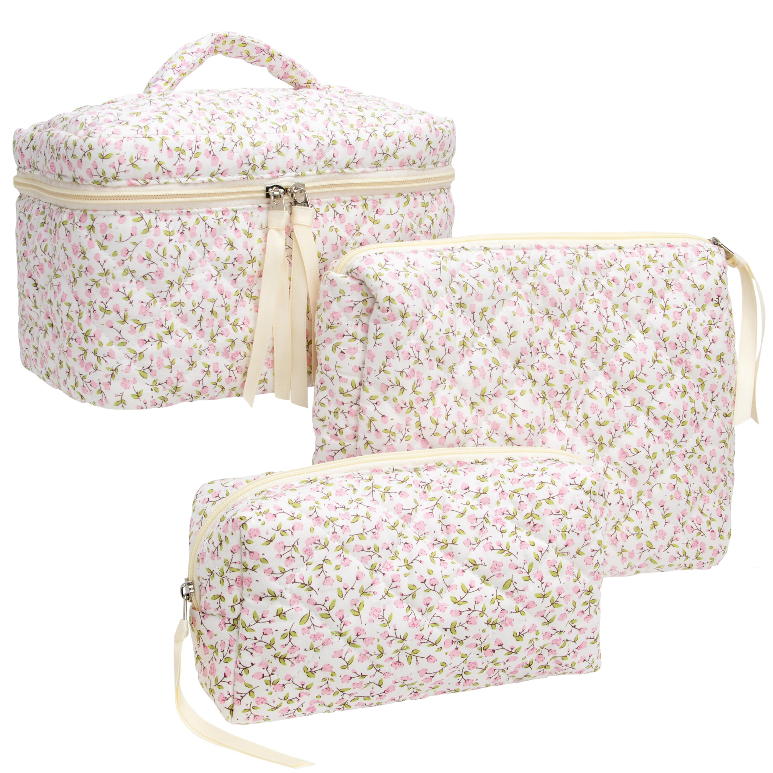 3 Piece Quilted Makeup Bag Set for Women,Cosmetic&Toiletry Bag,Floral Pink