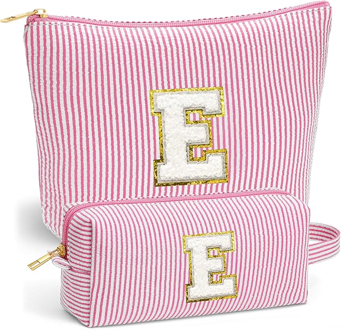 Fohufo Initial Makeup Bag Set - Cute Pink Stuff for Women, Makeup Pouch Cosmetic Bag, Travel Essentials Toiletry Bag, Birthday Christmas Gifts for Women Stocking Stuffers, Pink Letter E