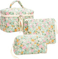 3 Piece Quilted Makeup Bag Set for Women,Cosmetic&Toiletry Bag,Green Flower