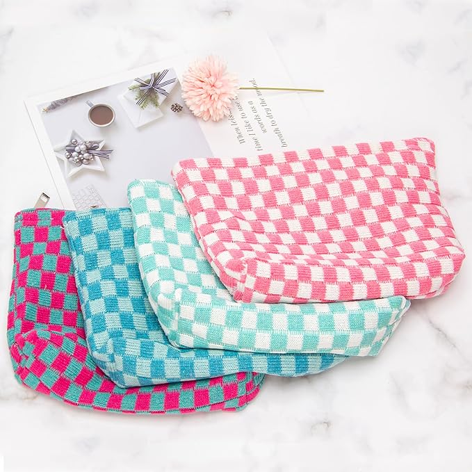 PAZIMIIK Checkered Makeup Bag for Purse, Small Flat Cosmetic Pouch,Pink