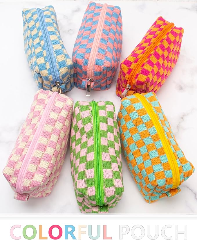 PAZIMIIK 2PCS Checkered Makeup Bag for Purse Portable Zipper Make Up Pouch Small Cosmetic Case for Travel Accessories Orange Green