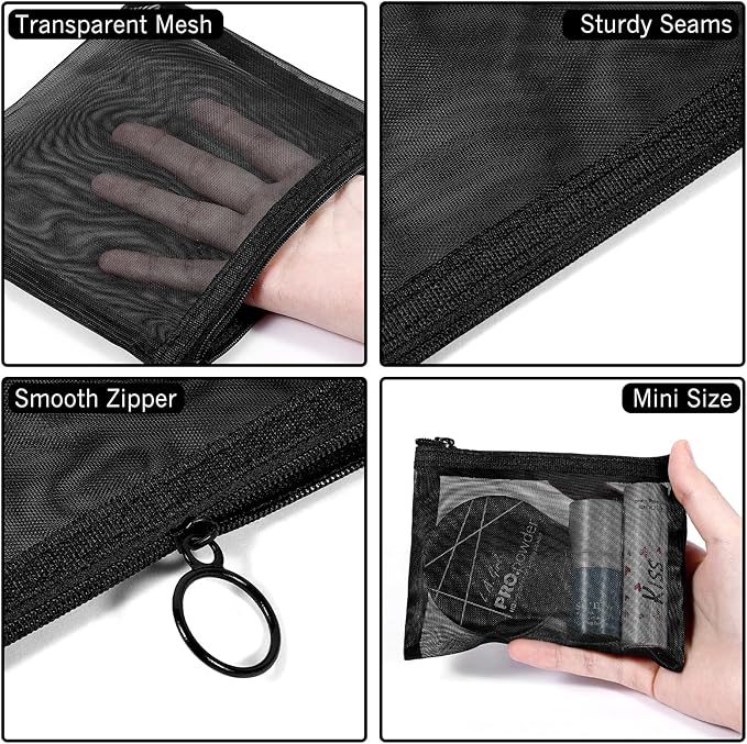 Fassave 8 Pack Mini Zipper Mesh Makeup Bags, Nylon Cosmetic Bags Toiletry Purse Travel Organizer Bags Inside Bag for Office Travel Organization (Black, S)