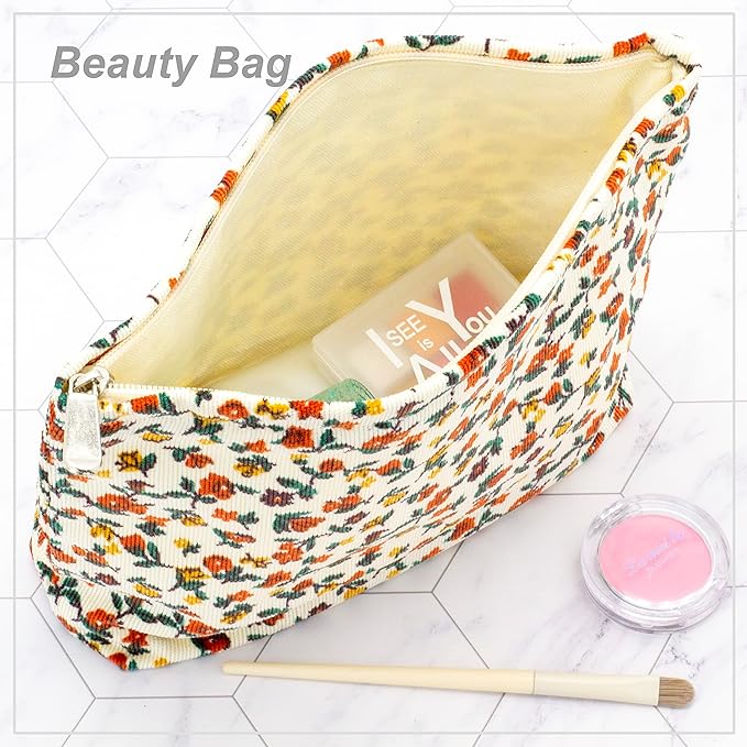 Flat Makeup Bag for Women,Zipper Cosmetic Pouch for Purse,Floral White